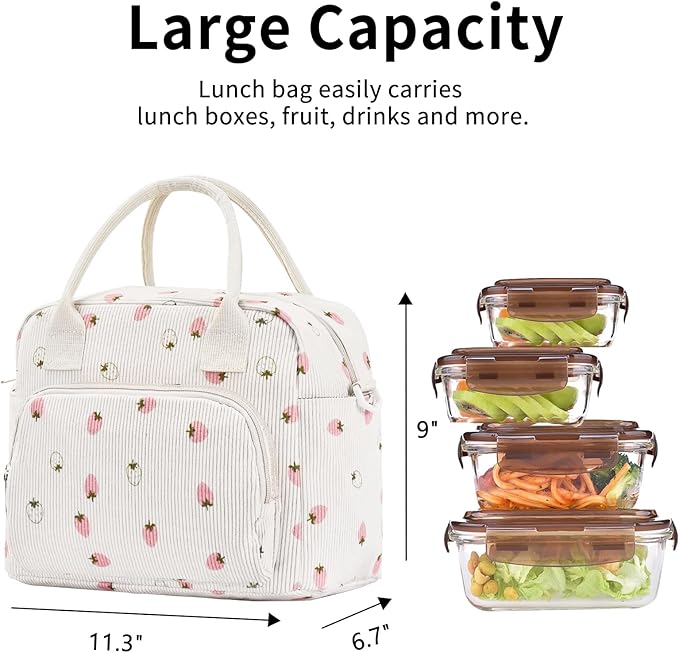 Lunch Bag Women Lunch Box for Women Adult Cute Insulated Lunch Bag Lager Cooler Lunch Tote Bags for Work Picnic (Beige-Light Strawberry)
