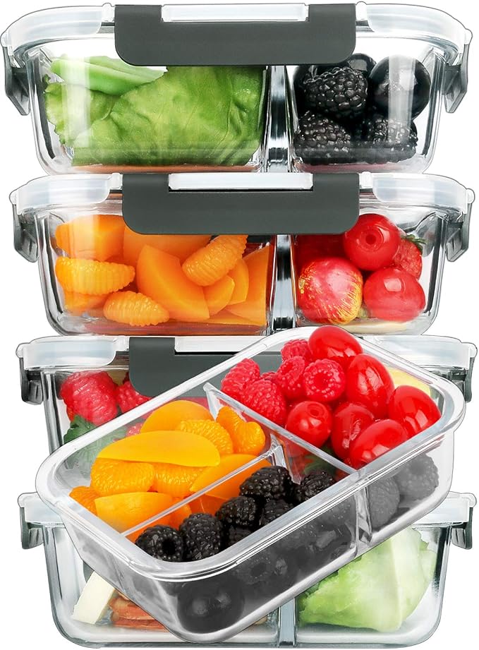 M MCIRCO 5 Pack,36 oz, 3 Compartments Glass Meal Prep Containers with Lids