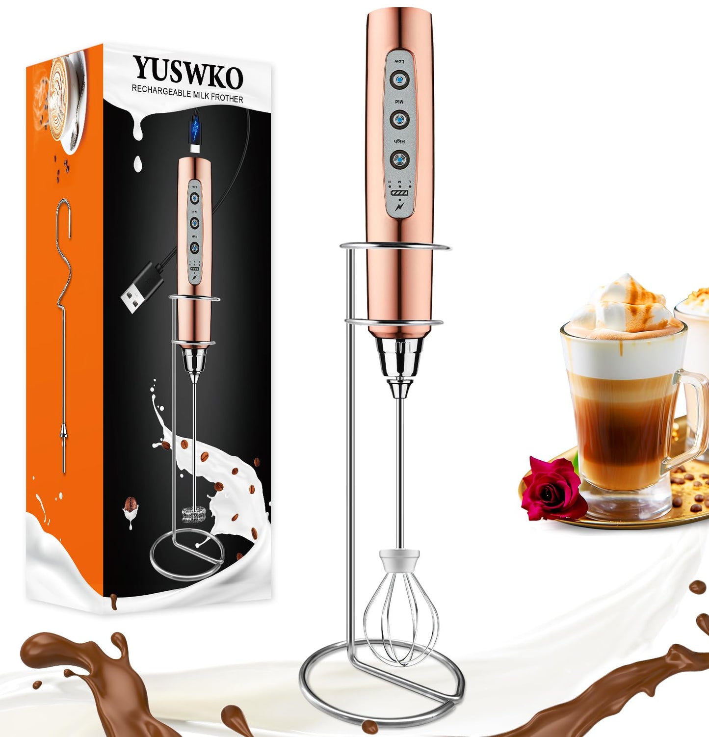 YUSWKO Handheld Milk Frother Wand for Coffee, Rechargeable Electric Whisk with 3 Heads 3 Speeds Drink Mixer Coffee Frother For Latte, Cappuccino, Hot Chocolate, Egg, Beige