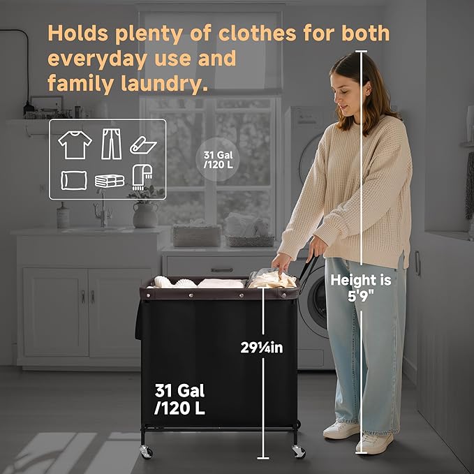 StorageWorks 3 Section Laundry Hamper, Rolling Laundry Cart with Wheels and Handles, Laundry Room Double Sorter for Organizer and Storage, 31.7 Gal(120L), Black