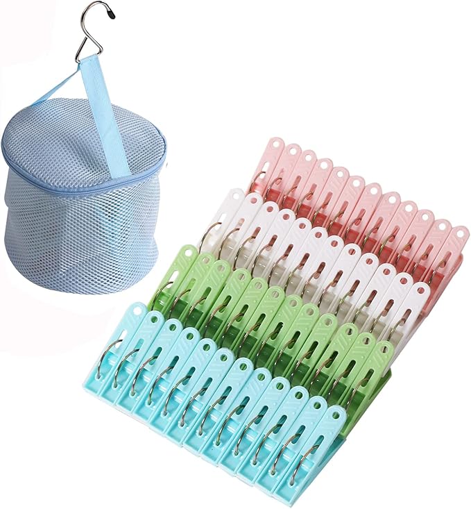 48 Pack Plastic Clothes Pins Heavy Duty Outdoor for Hanging Clothes, Colored Clothespins Clips with Springs Clothes Drying Line Pegs with Mesh Clothes pin Bag，Crafts Picture Clips Food Package Clips
