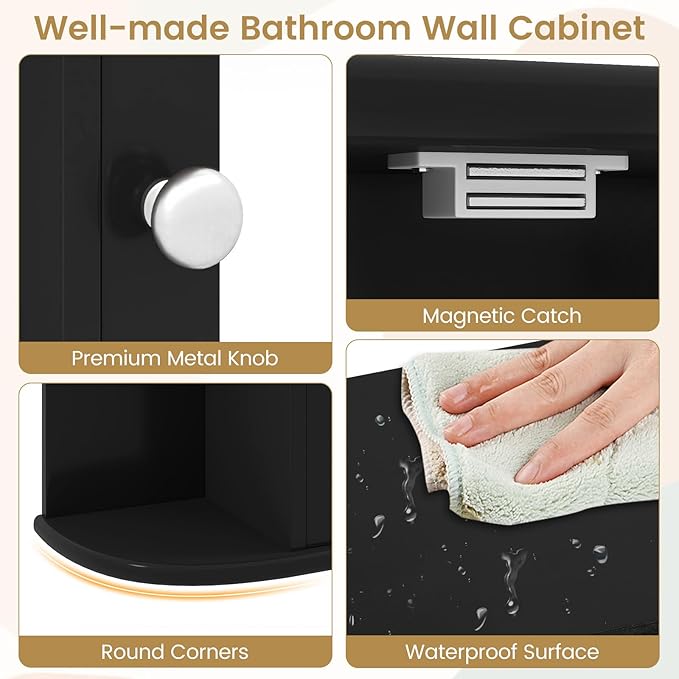 Tangkula Bathroom Medicine Cabinet with Mirror, Modern Wall Mounted Space-Saving Storage Organizer with Mirrored Door, 4 Internal Shelves & 6 Open Side Shelves, Bathroom Wall Cabinet (Black)
