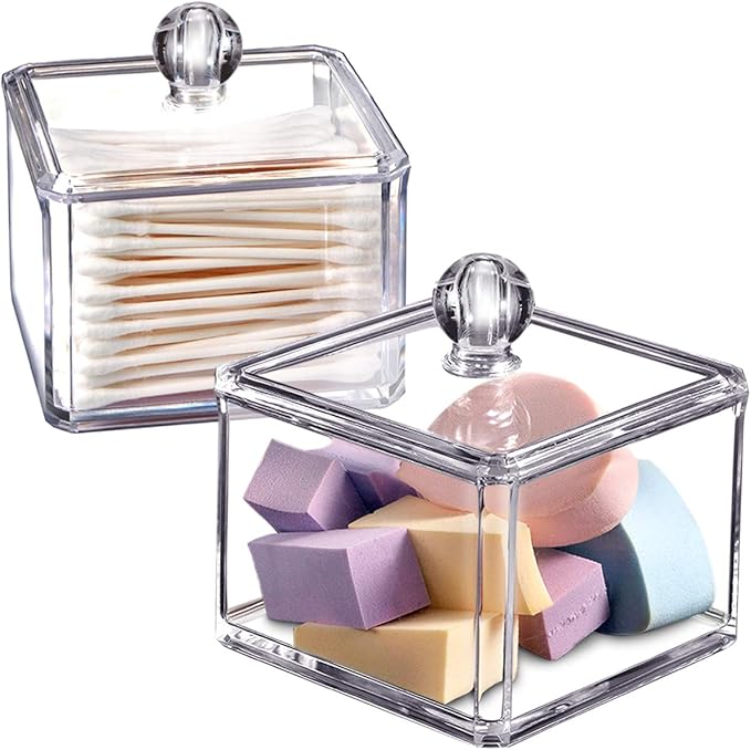 SheeChung 2-Pack Modern Square Acrylic Qtip Holder - Clear Apothecary Jars with Lids - Bathroom Vanity Storage Canister - Shatterproof Square Organizers for Cotton Swabs, Pads-Modern Minimalist Decor