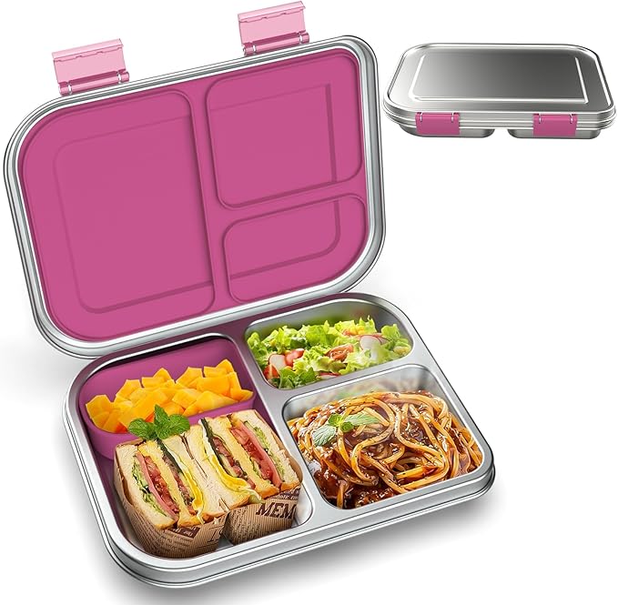BOSEDSANG Stainless Steel Kids Leak-Resistant Bento Lunch Box, 3-Compartments with Silicone Container, Dishwasher-Safe, Child-Friendly Design for School, Picnics & Travel,BPA-Free (Blue)