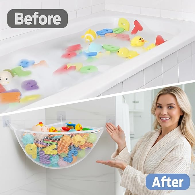 Bath Toy Holder Corner, Kids Bath Toy Net for Tub, Bathtub Holder Basket, Storage Bin Hammock Organizer, Shower Caddy Hanging Mesh Bag, Baby Bathroom Storage with 3 Suction Cups 3 Adhesive Wall Hooks