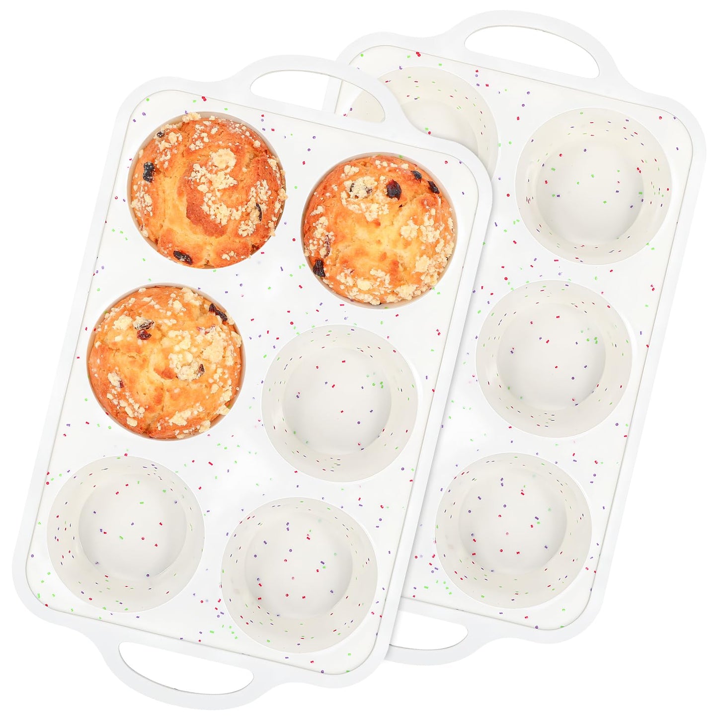 Fimary Silicone Muffin Pans With Metal Reinforced Frame - 24 Cups Durable Silicone Baking Pan for Muffins, Cupcakes, BPA Free and Dishwasher Safe - Beige with Rainbow Spots, Set of 2
