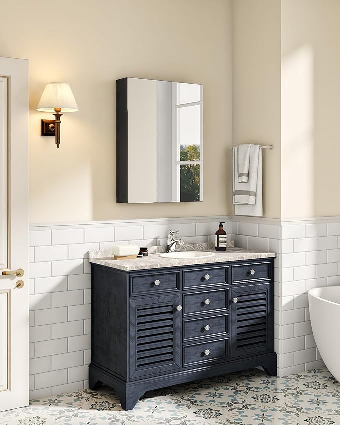 Bathroom Medicine Cabinet, Wall-Mounted Bathroom Vanity with Mirror, Bathroom Medicine Cabinet with Storage Function, Hanging Storage Cabinet, Adjustable Shelves, Black