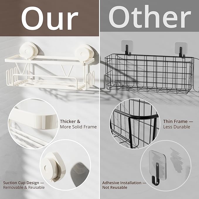 KEGII Suction Cup Shower Caddy, 2 Pack Shower Suction Shelf with Soap Holder & Hooks, No Drilling Bathroom Organizer, Stainless Steel Shampoo Holder for Bathroom Storage Basket, Cream White