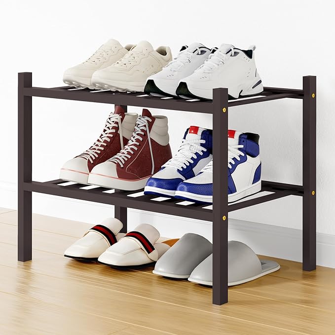 Smiry Shoe Rack, 2 Tier Small Bamboo Shoe Organizer, Stackable Free Standing Wooden Shoe Storage Shelf for Closet, Entryway, Front Door Entrance, Brown