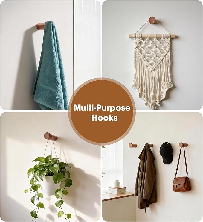 Wood Wall Hooks, 4 Pack Heavy Duty Coat Hooks – Farmhouse Rustic Entryway & Bathroom Hooks for Hats, Towels, Bags, Clothes (40 Capacity), Fits Drywall, Acacia Wood