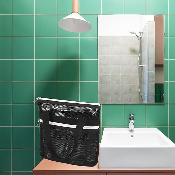 Mesh Shower Caddy Portable with Zipper & 2 Pockets - Quick Dry Shower Bag Toiletry Tote Hanging for Travel Gym Camp Beach - Organizer Bag Bathroom Essentials for College Dorm