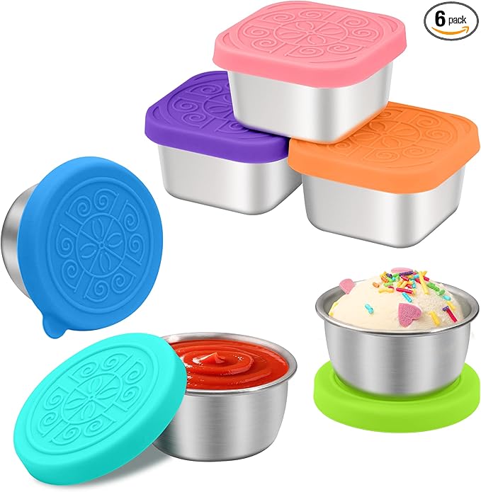 6PCS Salad Dressing Container to Go, Leakproof Reusable Stainless Steel small container with lid,Sauce Containers for Lunch box,Picnics,Travel,Office and Meal Prep-1.6+2.7 Sets