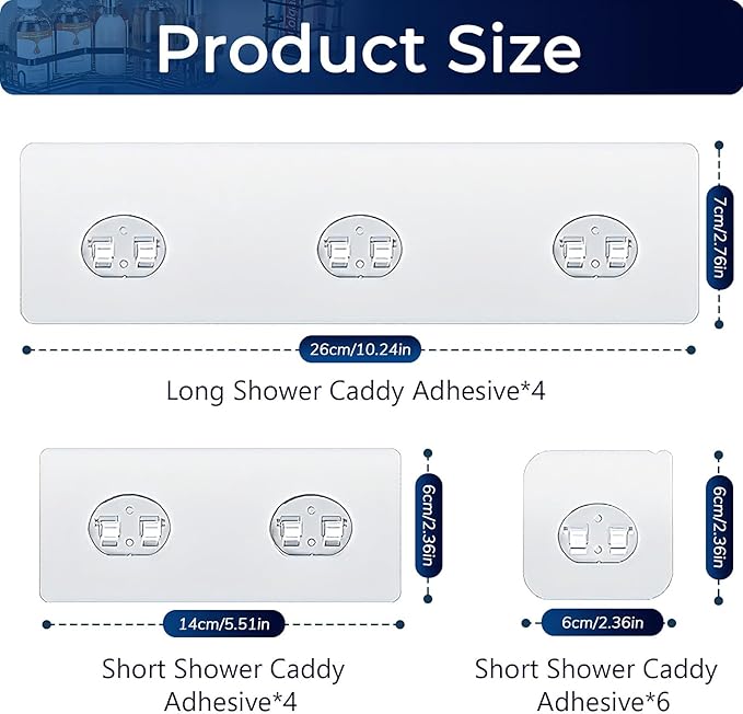 14 Pack Shower Caddy Adhesive Replacement, Strong Adhesive Hooks, Waterproof Shower Adhesive Strips, No Drilling, for Bathroom Storage Shelves and Kitchen Racks