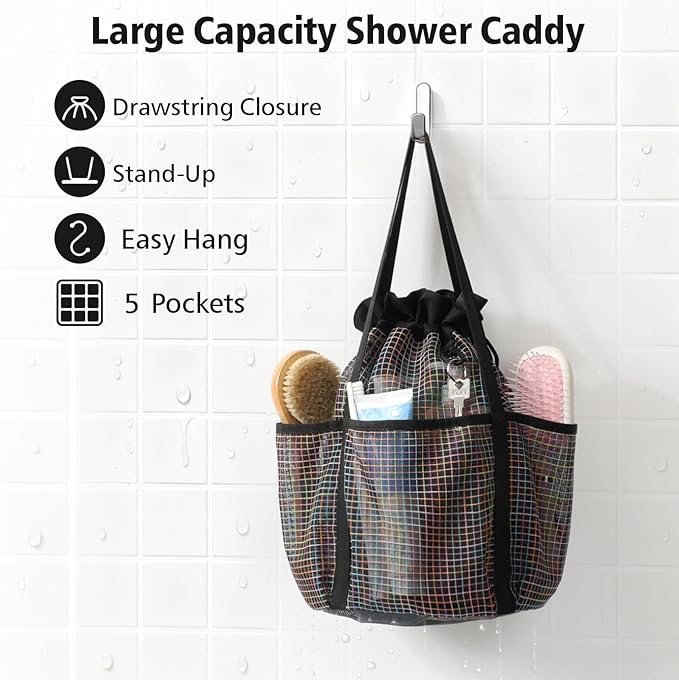 F-color Mesh Shower Caddy Portable with Drawstring - Tall 5 Pockets Dorm Room Essentials for Guys Girls with S Hook, Shower Bag Basket Tote for College Camping Travel Toiletry Bathroom, Black Grid