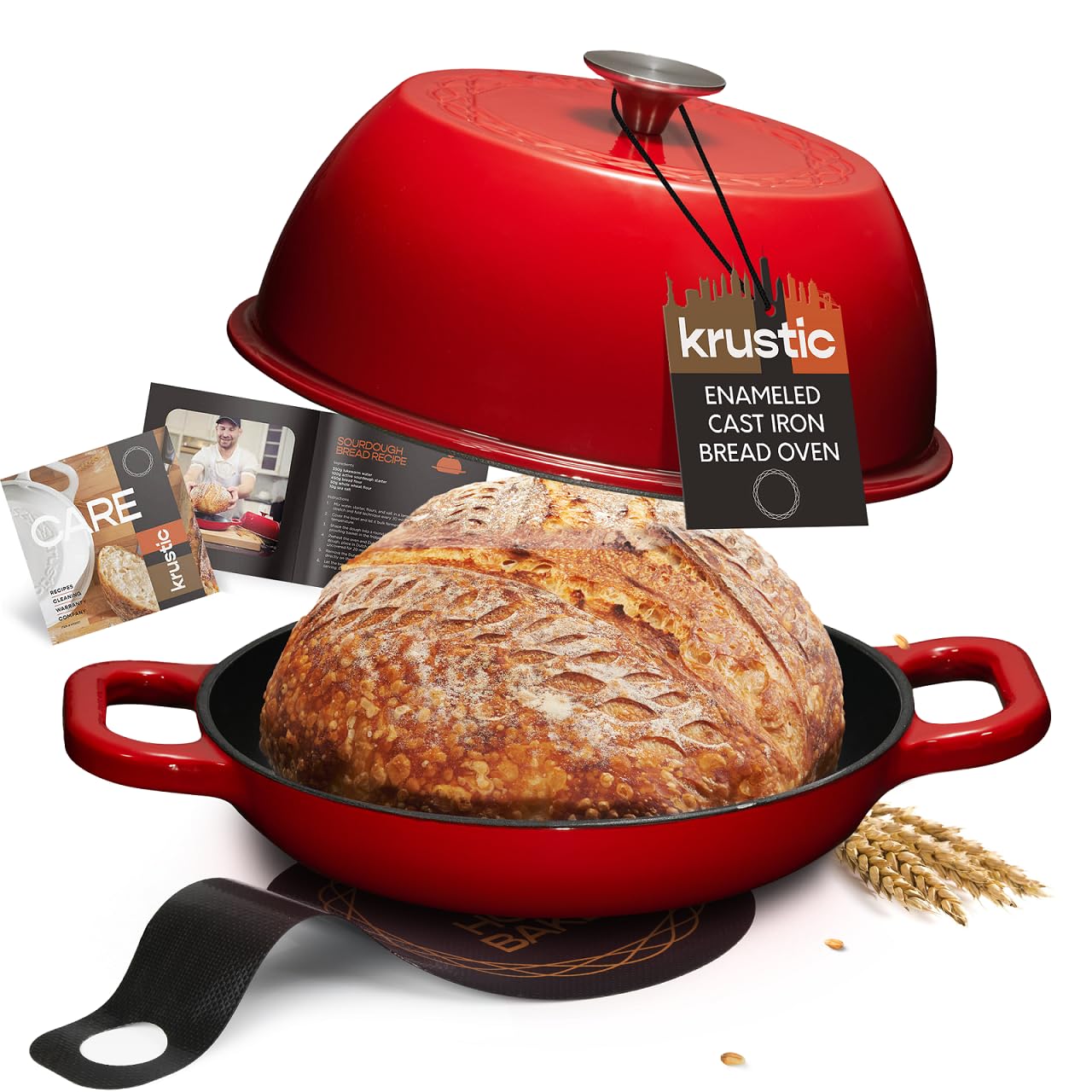 Krustic Enameled Cast Iron Dutch Oven for Sourdough Bread Baking | 6 Quart Round Pot with Lid | 10 Inch Ceramic Enamel Thick Coated Cookware Set with Non Stick Silicone Baking Mat for Cooking | 6 Qt | Red