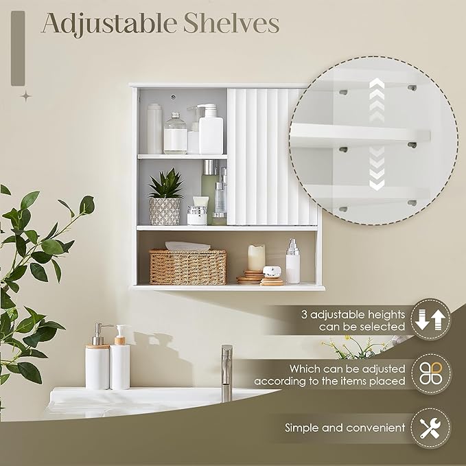 22.5 x 23.5 inch Bathroom Wall Cabinet, Medicine Cabinet Wall Mounted w/Fluted Sliding Door Adjustable Shelf White Storage Cabinet Organizer for Kitchen Dining Room Living Room