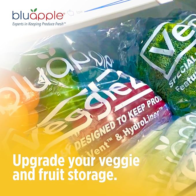 Bluapple Produce Saver Ethylene Gas Absorber - Fresh Fruit & Vegetable Storage with VeggieZips Humidity Control Storage Bag, Kitchen Must Haves, Produce Storage, Minimizes Waste, BPA Free - Value Pack