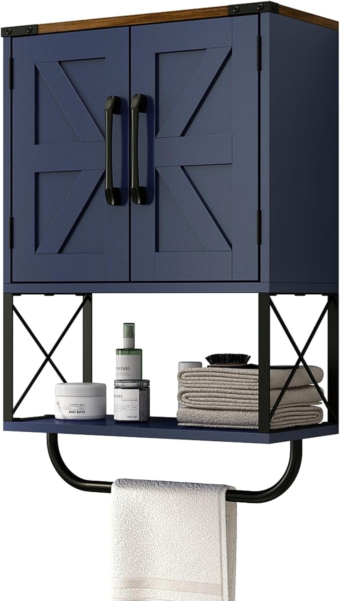 RUSTOWN Farmhouse Rustic Medicine Cabinet with Two Barn Door,Wood Wall Mounted Storage Cabinet w/Dark Brown Top & Adjustable Shelf and Towel Bar, 3-Tier Cabinet for Bathroom(Navy Blue)
