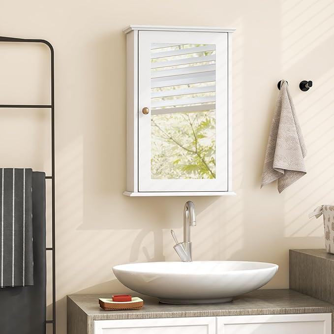 Tangkula Bathroom Medicine Cabinet with Mirror, Wall Mounted Single Mirror Door Storage Cabinet w/Adjustable Shelf, Wall Cabinet w/Reversible Door for Bathroom Living Room Hallway (White)