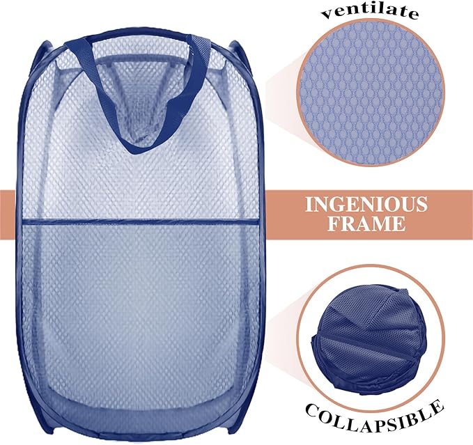 Collapsible Pop Up Laundry Hamper, Extra Large Mesh Foldable Laundry Basket Bag, 28" x 16" x 16", 2 Pack (Black + Blue)