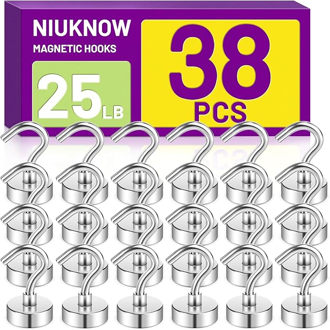 38Pack Heavy Duty Magnetic Hooks, 25 lbs Strong Neodymium Magnet Hooks for Hanging Mugs, Magnet with Hook for Cruise, Grill, Fridge - Silver