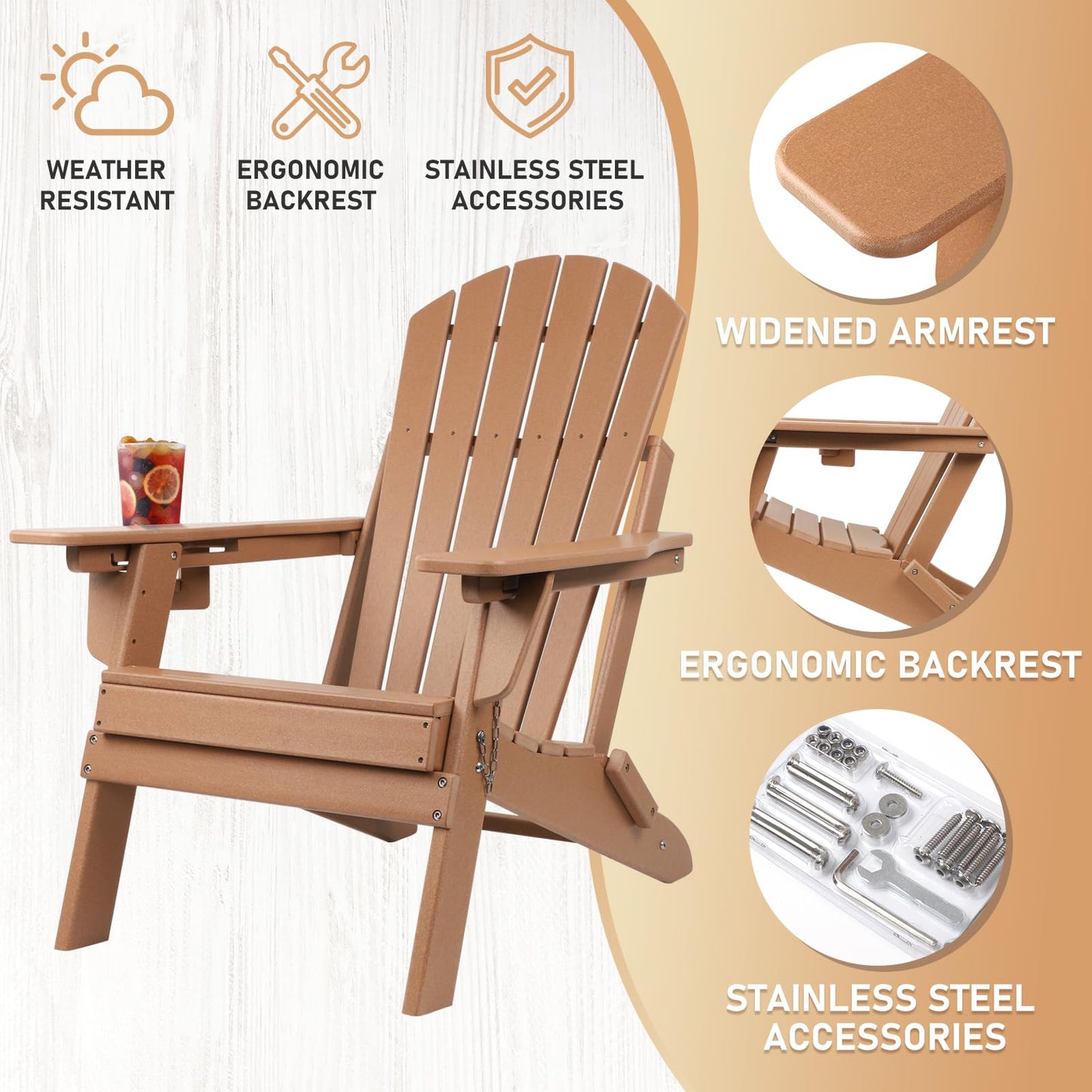 FUNBERRY Folding Adirondack Chairs Set of 2 with Adjustable Backrest, HDPE All Weather Fire Pit Chairs with Cup Holder