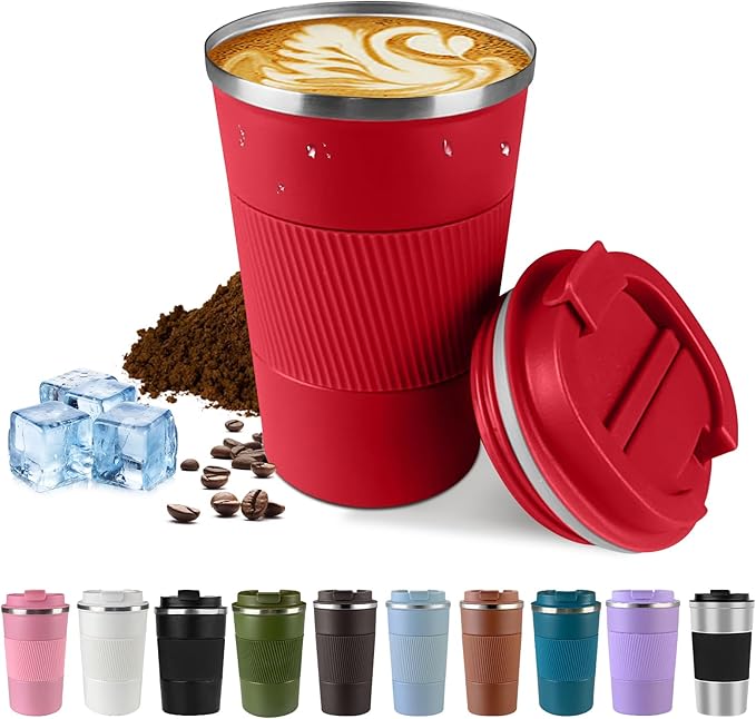 Vacuum-Insulated Stainless Steel Travel Coffee Mug, Leak-Proof Reusable Coffee Cup with Lid - Keep Hot & Cold Drinks for Hours, Durable Insulated Tumbler for Men & Women(3rd-Red, 12OZ)