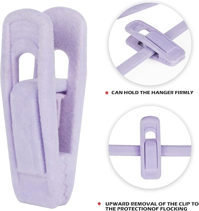 Tinfol Velvet Hanger Clips Light Purple, 24Pcs Pant Hangers Velvet Clips, Large Opening Clip Clothes Pin, Strong Finger Clip Perfect for Thin Skirt Pant Hangers