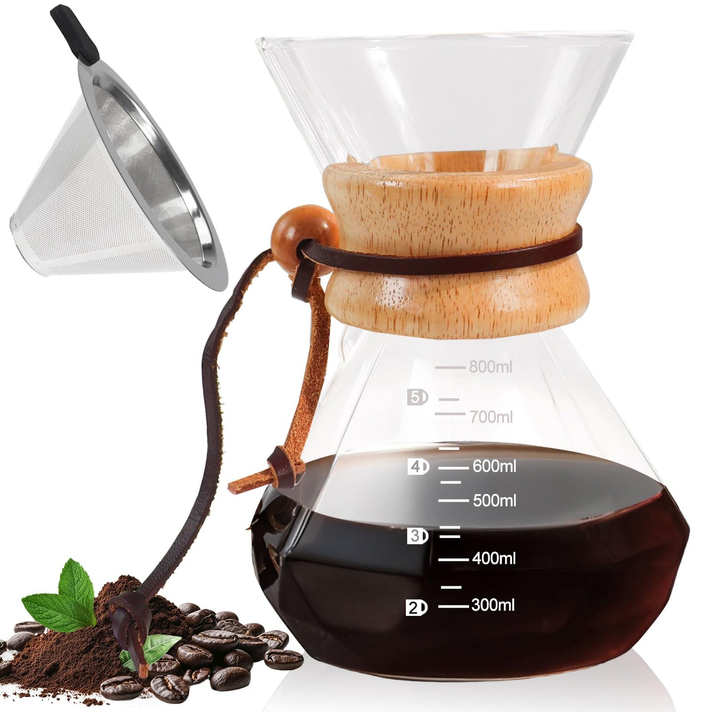 DITOSH Pour Over Coffee Maker 13.5oz Portable Glass Coffee Maker High Borosilicate Glass Eagle Beak Spout Design with 50 Pcs Filter Paper Walnut Wood Base for Pour Over for Daily Brewing 400ml