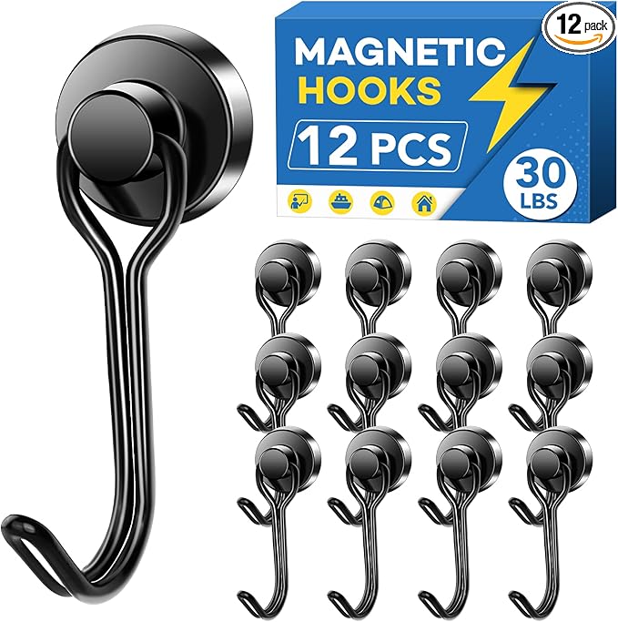 LOVIMAG Hooks, 30lbs+ Magnetic Magnet Hook 2025 Cruise Cabin Ship Essentials Heavy Duty Strong Refrigerator Fridge Hanging for Classroom Beach Vacation Kitchen Grills Home Mug Hanger (12 Pack), Black