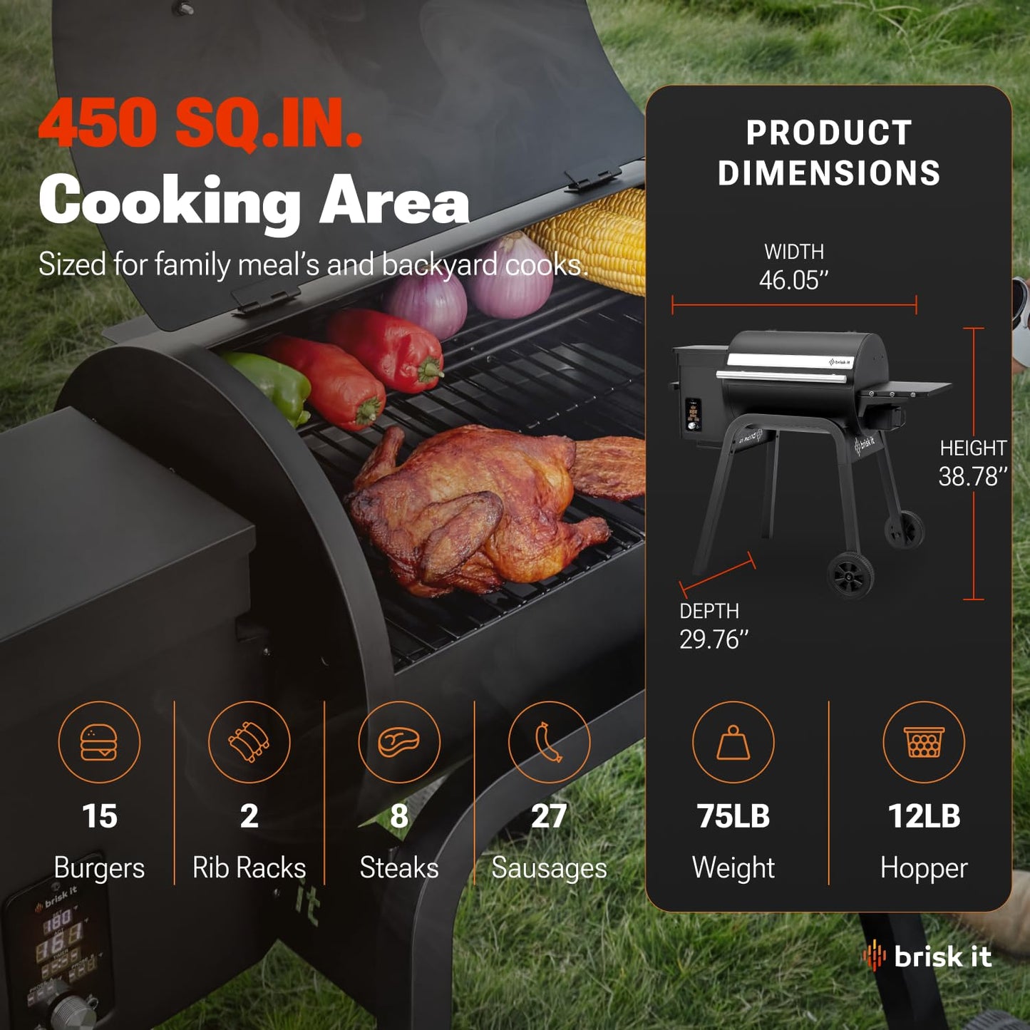 Brisk It Zelos-450 Wood Pellet Grill & Smoker, 450 Sq In, WiFi and A.I.