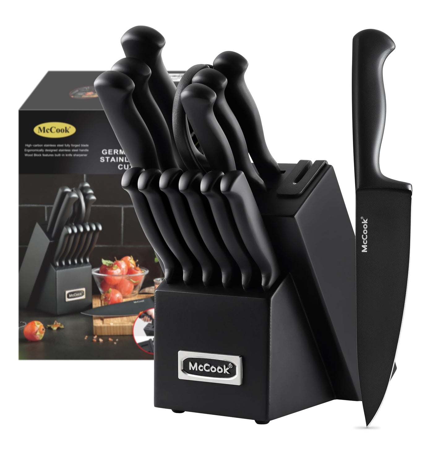 McCook® Kitchen Knife Sets, Golden Titanium Stainless Steel Knives Block Set with Built-in Sharpener, 20 Piece Knives, Restaurant Grade Sharp, Elegant Gold & Stylish Wooden Block for Modern Culinary