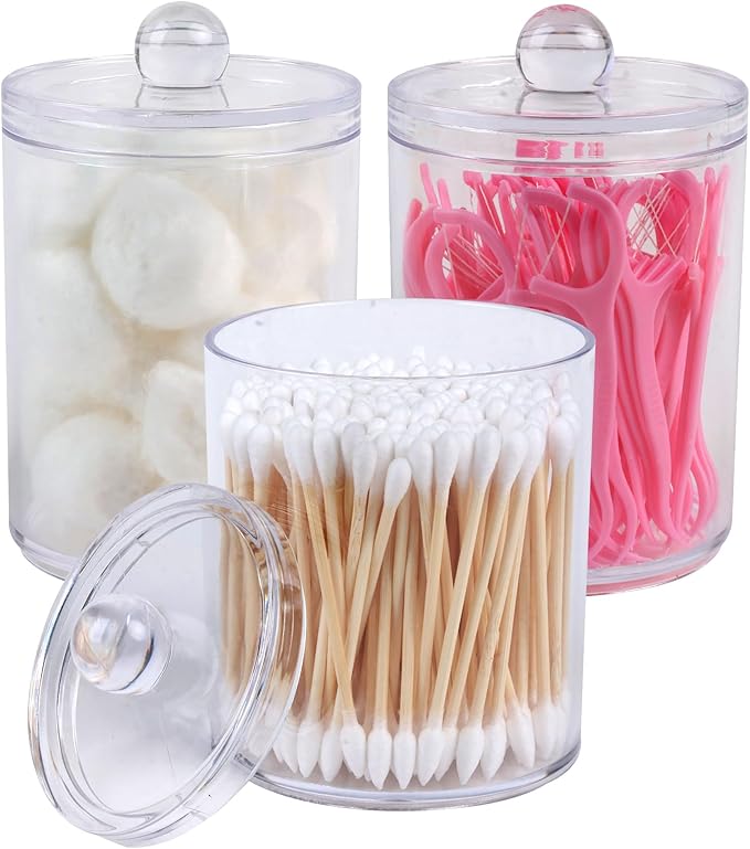 3 Pack Plastic Cotton Swab Ball Pad Holder,Acrylic Qtip Holder,Bathroom Canisters Apothecary Jar Set, 10 oz