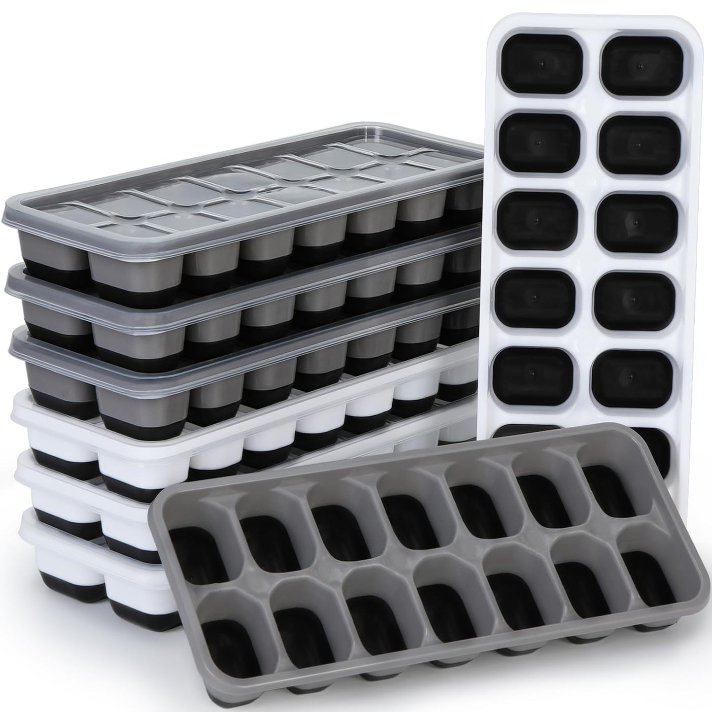 Silicone Ice Cube Tray, 8 Pack Easy-Release & Flexible 14-Ice Cube Trays with Spill-Resistant Removable Lid, Stackable Ice Trays with Covers for Freezer, Cocktail (4 Black+ 4 Grey)
