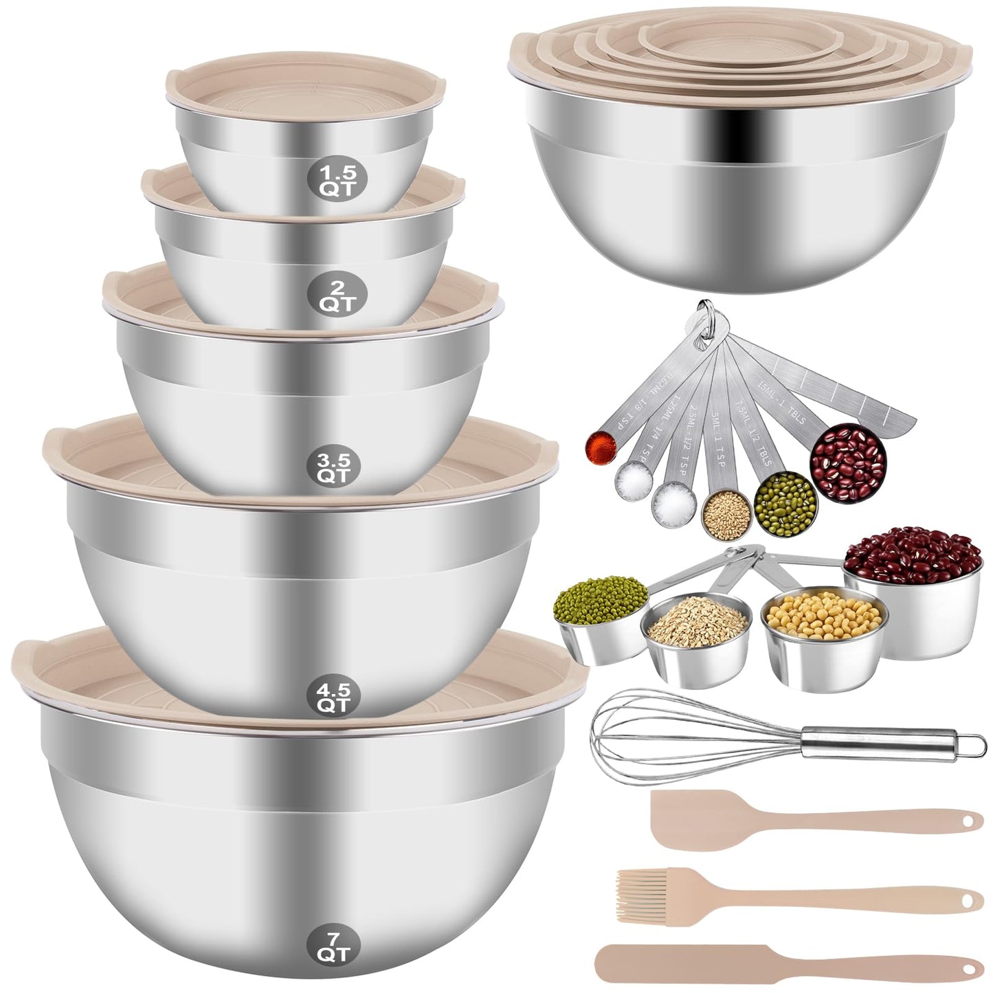 WEPSEN Mixing Bowls Set, 25PCS Stainless Steel Mixing Bowl with Lid Set, Large Nesting Bowls 7, 4.5, 3,2, 1.5QT, Measuring Cups and Spoons Baking Utensils Metal Bowl for Kitchen Prep