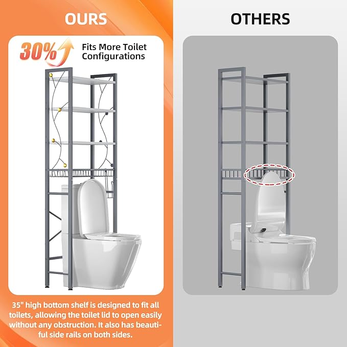 Over-The-Toilet Storage Rack, 4-Tier Bathroom Organizer Shelf Over Toilet with Adjustable Shelf and Basket, Freestanding Space Saver Bathroom Shelves Above Toilet for Room (Gray White)