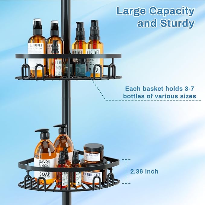 Rustproof Corner Shower Caddy Tension Pole, 4 Large Baskets for Bathtub Shampoo Storage Organizer Bathroom Height Adjustable Shelves from 23.6 to 114.5 Inch with Towel Bar