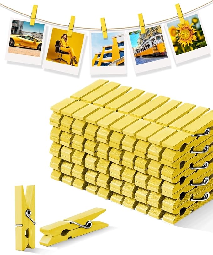 Mini Clothes Pins Wooden Colored Small Clothespins for Photo 1.4 Inch 50 PCS Yellow, Tiny Clips Close Pin for Baby Shower Classroom Crafts Project Decorations Hanging Pegs