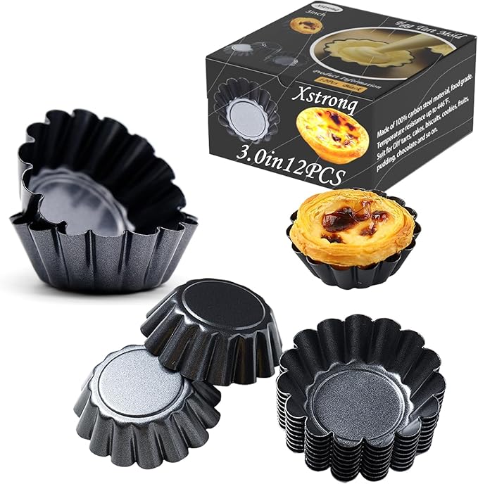 Xstronq 12PCS 3" Egg Tart Molds, Mini Carbon Steel Non-Stick Baking Pans