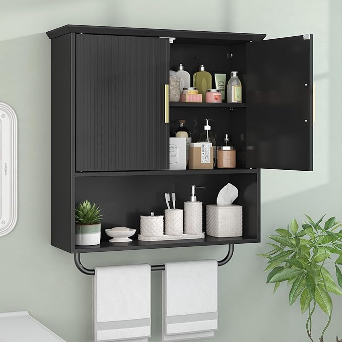 Bathroom Wall Cabinet with Towel Bar, 2 Doors & Adjustable Shelves - Space Saving Wood Wall Mounted Medicine Cabinet Storage Organizer for Bathroom, Laundry, Kitchen, Living Room (Black)