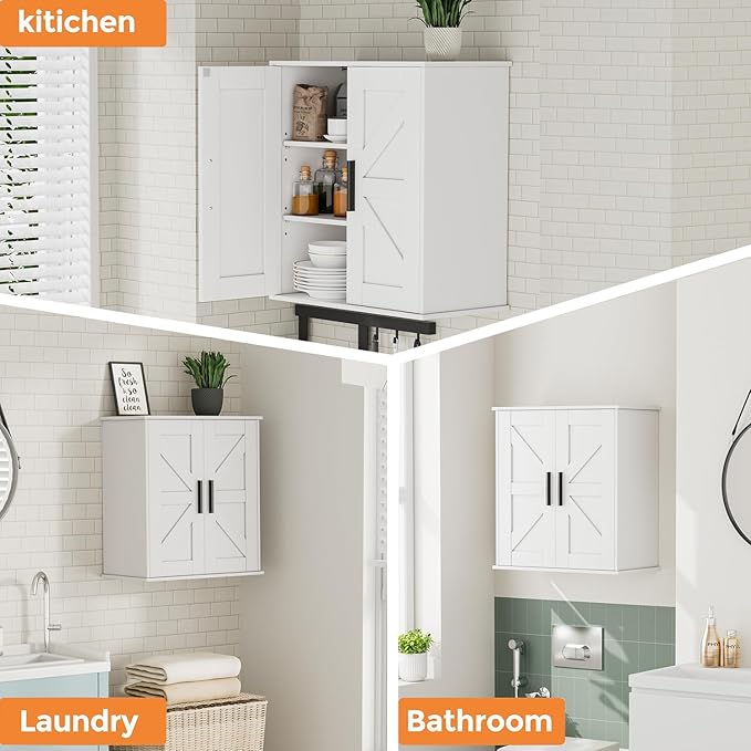 Bathroom Wall Cabinet, Over Toilet Storage Cabinet with Barn Doors and Adjustable Shelves, 3-Tier Medicine Cabinet Wall Mounted, for Bathroom, Kitchen, Entryway, Laundry Room, White, (11.8" D)