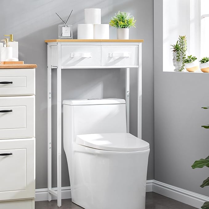 MOHOPE 2-Tier Over The Toilet Storage with 2 Fabric Drawers, Freestanding Above The Toilet Storage Cabinet, Space Saver Metal Over Toilet Bathroom Organizer Shelf for Small Space, Natural and White