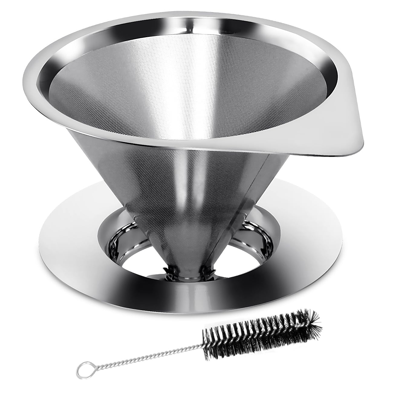 LHS Pour Over Coffee Dripper Stainless Steel Coffee Filter Metal Cone Filter Paperless Reusable Coffee Filter Single Cup Coffee Maker 1-4 Cup With Non-slip Cup Stand and Cleaning Brush
