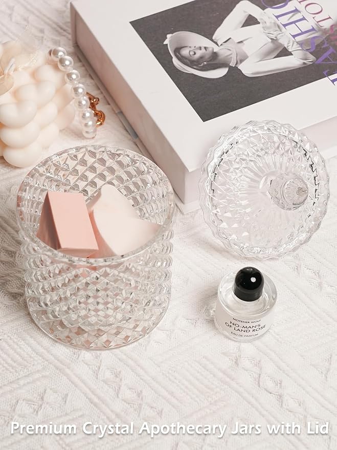 Jenseits 2-Pack Crystal Apothecary Jars with Lid, Cotton Ball Holders and Qtip Holder for Home Decor