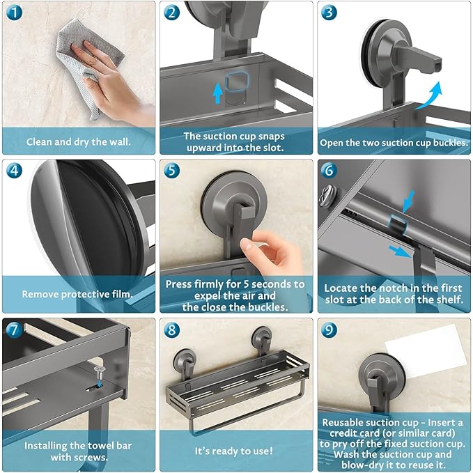 Onemake Shower Caddies Suction Cup, 2 Pack 15.7 inch Aluminum Suction Showers Organizer with Towel Bar & Hooks, Rustproof Shower Shelves, No Drilling Bathroom Shelf Storage Rack, Gray