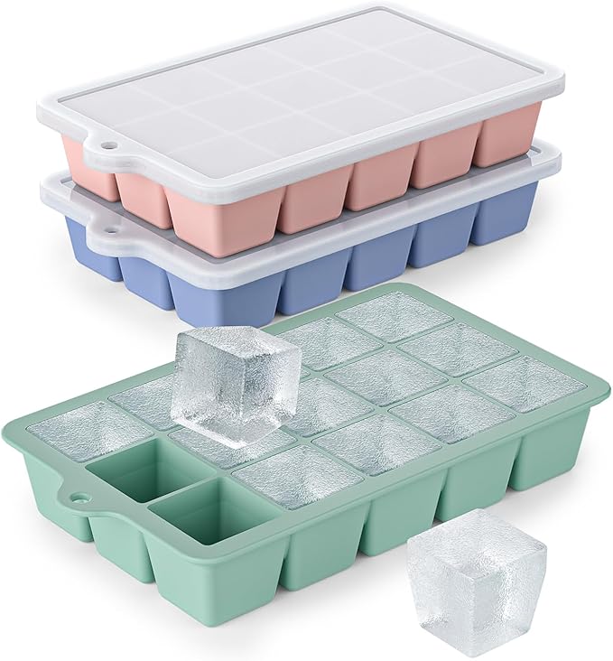 Silicone Ice Cube Tray 3 Pack - EASY RELEASE ice cube tray with lid, BPA Free Ice Cubes Trays for Freezer,ice cube mold for Cocktail,Whiskey (Black+Grey+Mint)
