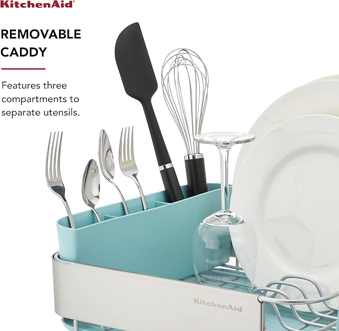 KitchenAid Compact Space Saving Rust Resistant Dish Rack with Removable Flatware Caddy and Angled Self Draining Drainboard, 12.63 x 15.87 x 5.54 Inch, Mineral Water
