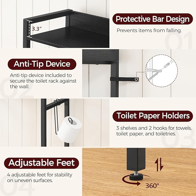 Over The Toilet Storage Rack, 3 Tier Bathroom Organizer Over Toilet, Freestanding Space Saver Toilet Stand with 2 Hooks, Bathroom Storage Shelf, Easy to Assemble, Black TSBK6001