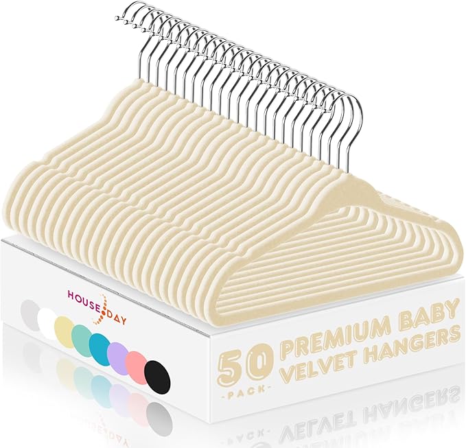 HOUSE DAY 11 Inch Velvet Baby Hangers 50 Pack Beige, Premium Kids Hangers for Children, Infant & Toddler Clothes, Durable Non Slip Small Baby Felt Hanger for Closet, Ideal for Everyday Use