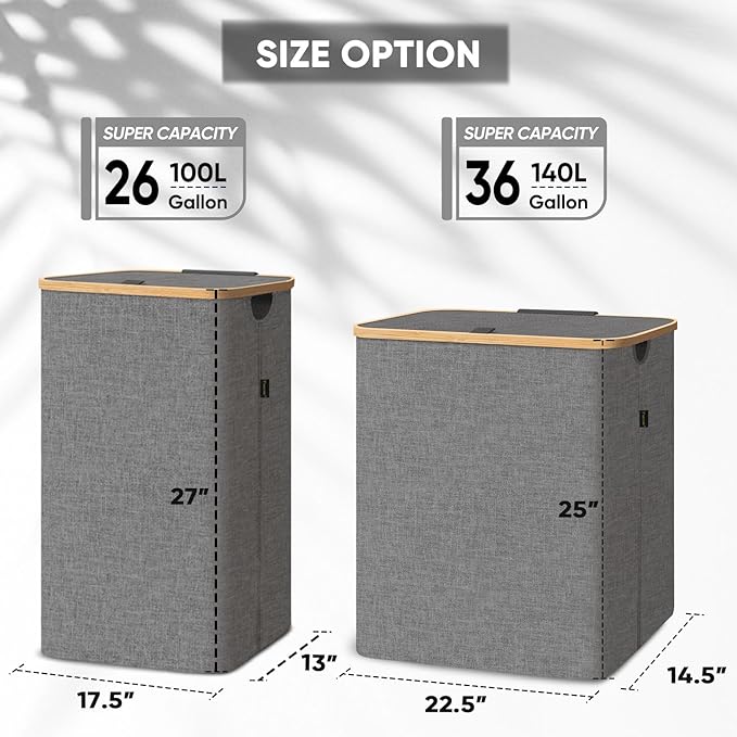 BALEINE Laundry Hamper with Lid, Tall Laundry Baskets with Bamboo Pull Handles, Large Laundry Bin with Internal Support (26 Gal/100L, Grey)